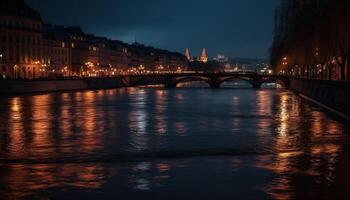 Illuminated architecture reflects on water at dusk generated by AI photo