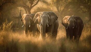 grande manada de africano elefantes caminando a amanecer generado por ai foto