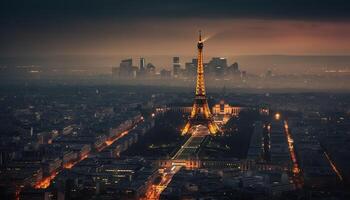 Glowing city skyline at dusk, modern architecture generated by AI photo