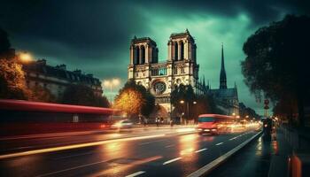 Illuminated cityscape, blurred motion, famous travel destination generated by AI photo