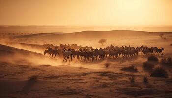 Camel herd grazes in tranquil African wilderness generated by AI photo