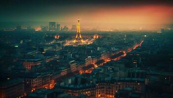 Illuminated city skyline glows in the dark night generated by AI photo