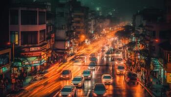 iluminado ciudad horizonte, tráfico mermelada, bullicioso la vida nocturna generado por ai foto