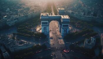 Illuminated city skyline at dusk, bustling traffic generated by AI photo