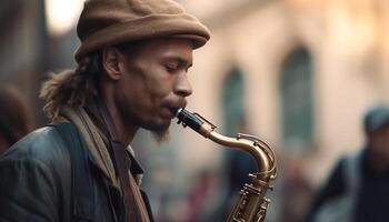 Young musician blowing saxophone, concentrating on performance generated by AI photo