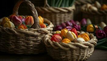 Fresh tulip arrangement in wicker basket gift generated by AI photo