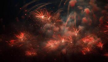 Multi colored fireworks exploding, illuminating dark night sky generated by AI photo