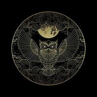 Golden Owl in Moonlight Enchanting Line Art with Clouds vector