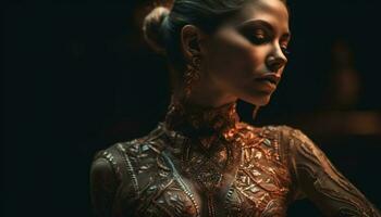 Elegant young woman in gold dress poses sensually generated by AI photo
