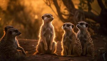 Small meerkats sitting in a row, alertly watching generated by AI photo