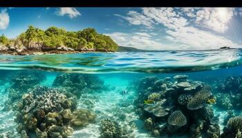 Multi colored fish swim in transparent reef waters generated by AI photo