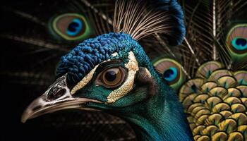 Majestic peacock displays vibrant multi colored feather pattern generated by AI photo