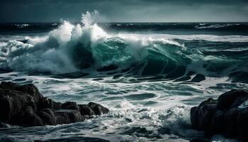 Breaking waves crash against rocky coastline, spraying foam generated by AI photo