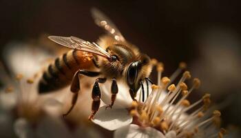 ocupado miel abeja coleccionar polen desde flor generado por ai foto