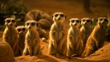 pequeño suricata grupo sesión, alerta acecho al aire libre generado por ai foto