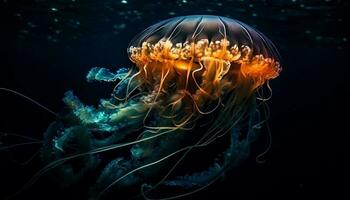 brillante cnidario tentáculos erigir por levitación en oscuro agua generado por ai foto