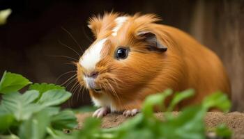 Fluffy guinea pig eating grass in meadow generated by AI photo