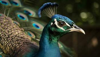 Majestic peacock displays vibrant multi colored feather pattern generated by AI photo