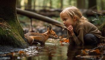 Smiling child plays with cute wet puppy generated by AI photo