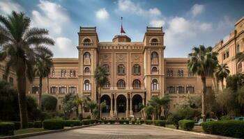 Luxury hotel in Dubai, front view illuminated at dusk generated by AI photo