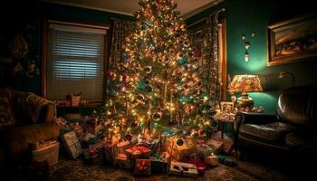 familia celebra invierno con brillante Navidad decoración generado por ai foto
