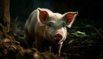 Cute piglet grazing in muddy rural meadow generated by AI photo