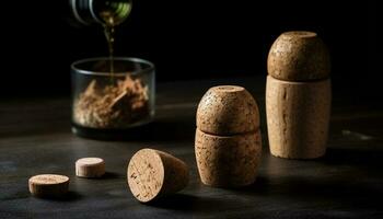 apilado vino botellas en rústico de madera mesa generado por ai foto