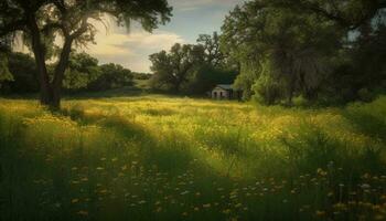 Yellow wildflowers bloom in tranquil rural meadow generated by AI photo