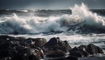 Breaking wave sprays liquid, crashing on rocks generated by AI photo