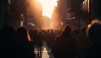 siluetas de turistas caminando en concurrido ciudad calles generado por ai foto