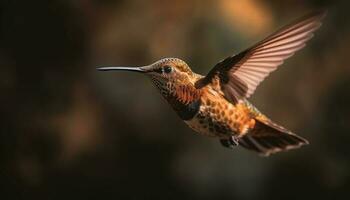 colibrí flotando medio aire, extensión iridiscente alas generado por ai foto