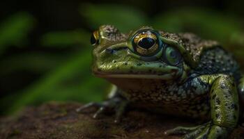 Green toad sitting on leaf in pond generated by AI photo