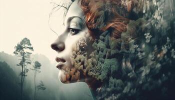 Young adult woman in forest, surreal beauty generated by AI photo