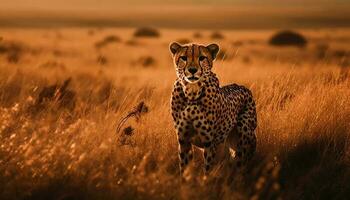 Majestic cheetah walking in African savannah sunset generated by AI photo