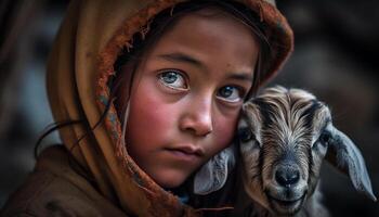 Cute girl smiling with goat on farm generated by AI photo