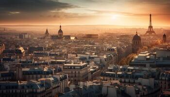 puesta de sol ilumina famoso basílica en europeo paisaje urbano generado por ai foto