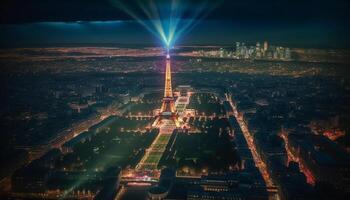 Glowing city skyline at dusk, traffic trails generated by AI photo