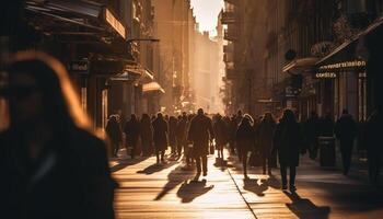 Silhouettes rush through crowded city streets at dusk generated by AI photo