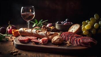Rustic meal of smoked meat, bread, and wine generated by AI photo