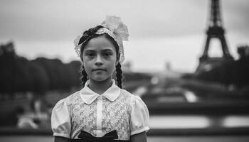 Cute schoolgirl standing outdoors, smiling with confidence generated by AI photo