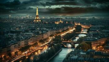 Illuminated city skyline triumphs over the twilight generated by AI photo