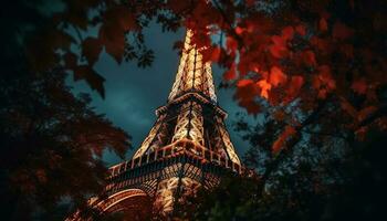 Majestic cathedral spire illuminated against autumn sunset generated by AI photo