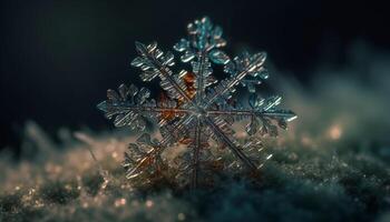 Shiny snowflake on frosty pine tree branch generated by AI photo