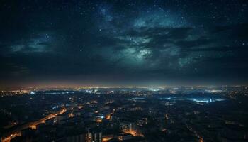 Milky Way glows above city skyline at night generated by AI photo