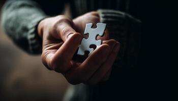 One person holding jigsaw puzzle solution success generated by AI photo