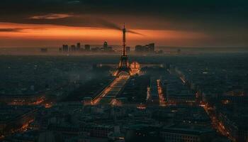 Illuminated city skyline at dusk, a masterpiece generated by AI photo