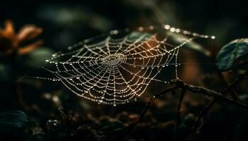 Spider web glistens with dew in autumn generated by AI photo