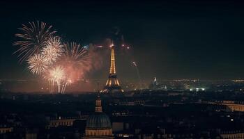 Glowing cityscape illuminated by multi colored fireworks exploding generated by AI photo