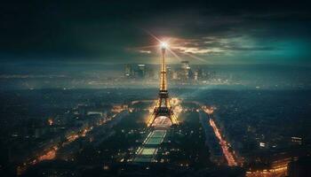 Illuminated cityscape, futuristic growth, heavy machinery, steel generated by AI photo