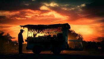 Silhouette of men eating, orange sky backlit generated by AI photo